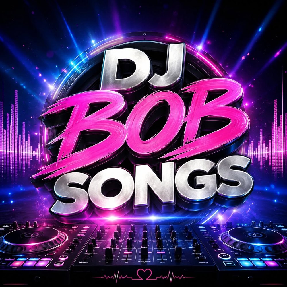 Logo DJ BOB SONGS : lettres chromées et rose néon devant une table de mixage